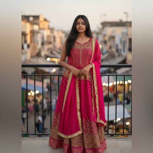 Indian Designer Hot Pink Georgette Anarkali Suit - Picture 3 of 12